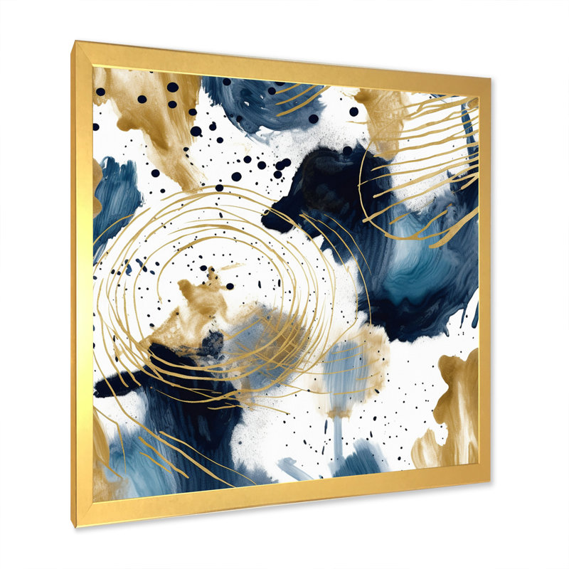 Motif abstrait avec textures bleues et dorées I, H 30 po x l 30 po x P 1 po, Cadre doré à une seule photo