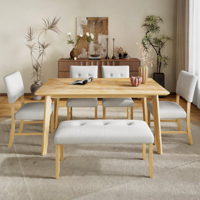 Table de salle à manger rétro, table de salle à manger pour 6 personnes, table de salle à manger rectangulaire minimaliste pour la salle à manger et la cuisine, pieds en bois d'hévéa