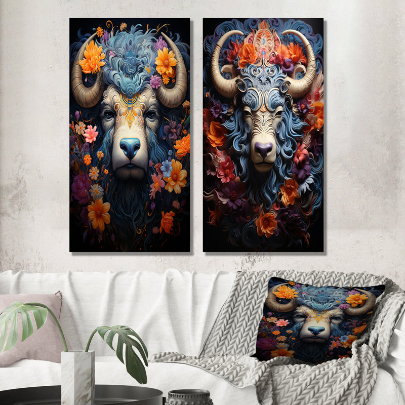Yaks Cosmic Highlanders - Yaks, ensemble de 2 reproductions d'art sur toile, Toile tendue, H 32 po x l 33 po