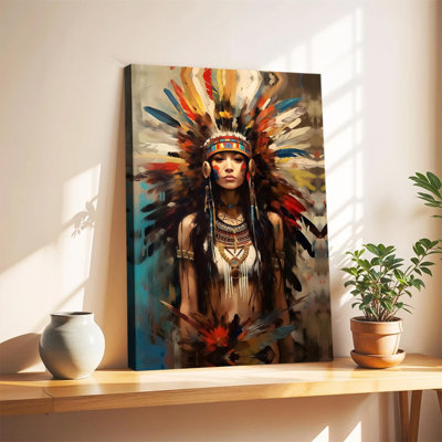 Native American Warrior Woman Wall Art, Tribal Headdress Wall Decor, Colorful Feather For Living Room Ready to Hang