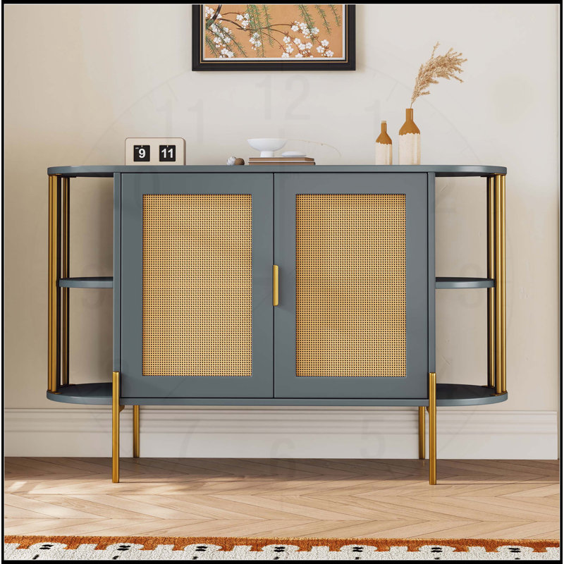 Élégante armoire de salle à manger courbée avec bordure dorée et portes en rotin tissé, Gris foncé