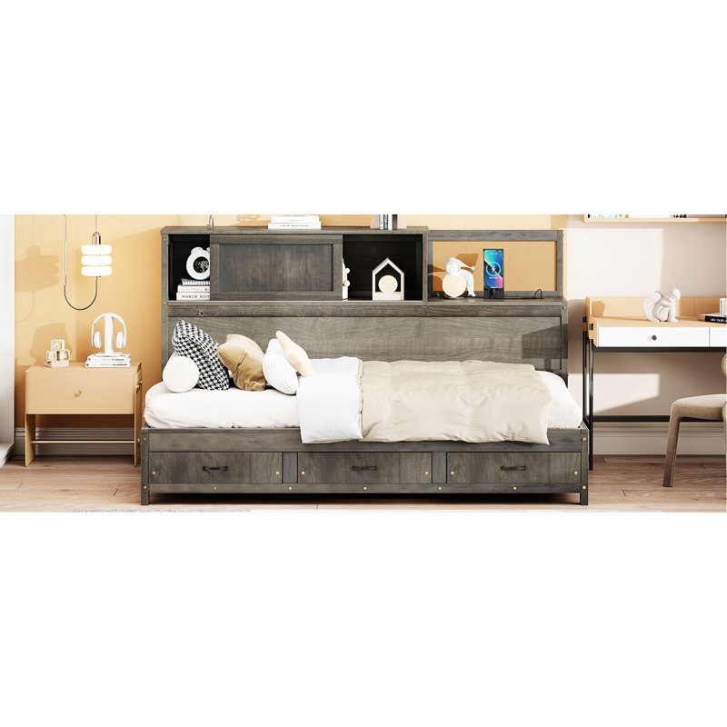 Lit de jour gris en bois simple avec 3 tiroirs coulissants, tête de lit souple et douilles intégrées pour une tablette de rangement cachée de taille confortable, options de chargement