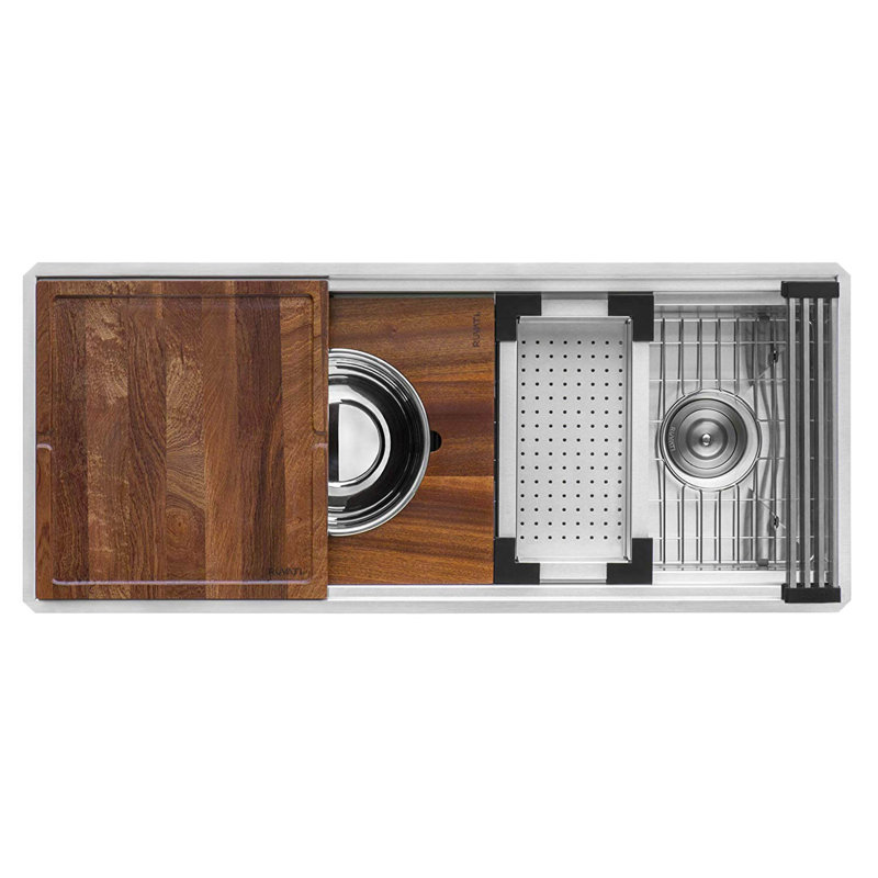 Roma Ledge 45" L x 19" W Undermount Kitchen Sink with Basket Strainer, 1, Brushed Stainless Steel