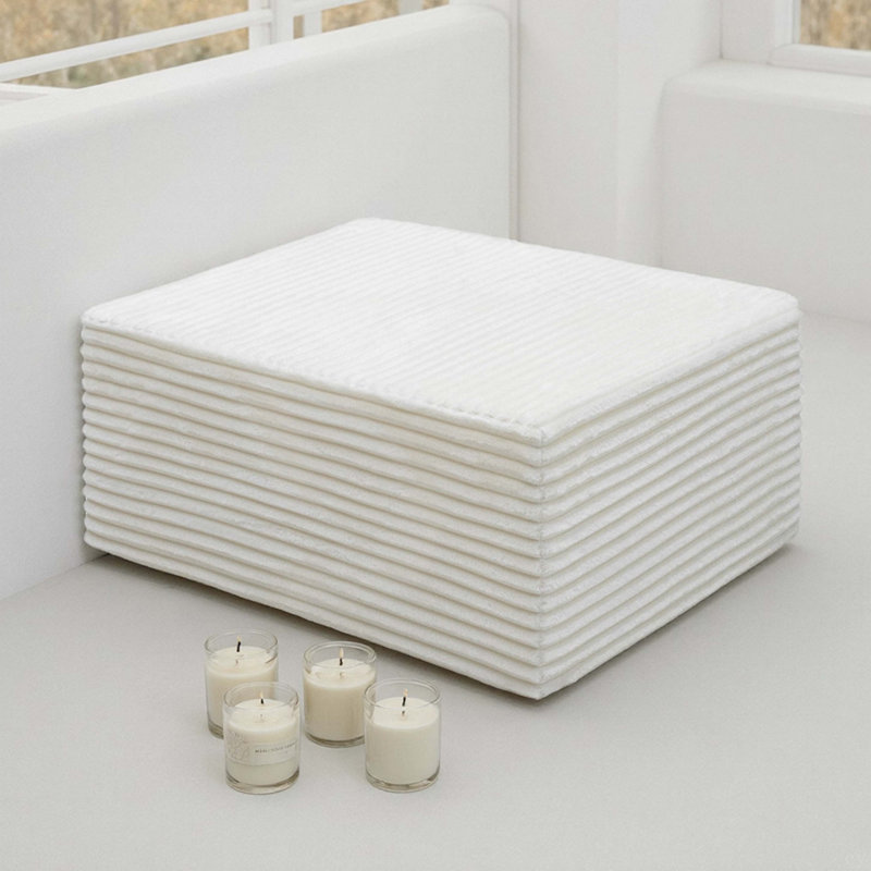 White Corduroy Modular Ottoman,  Plush Foam Footrest For Living Room
