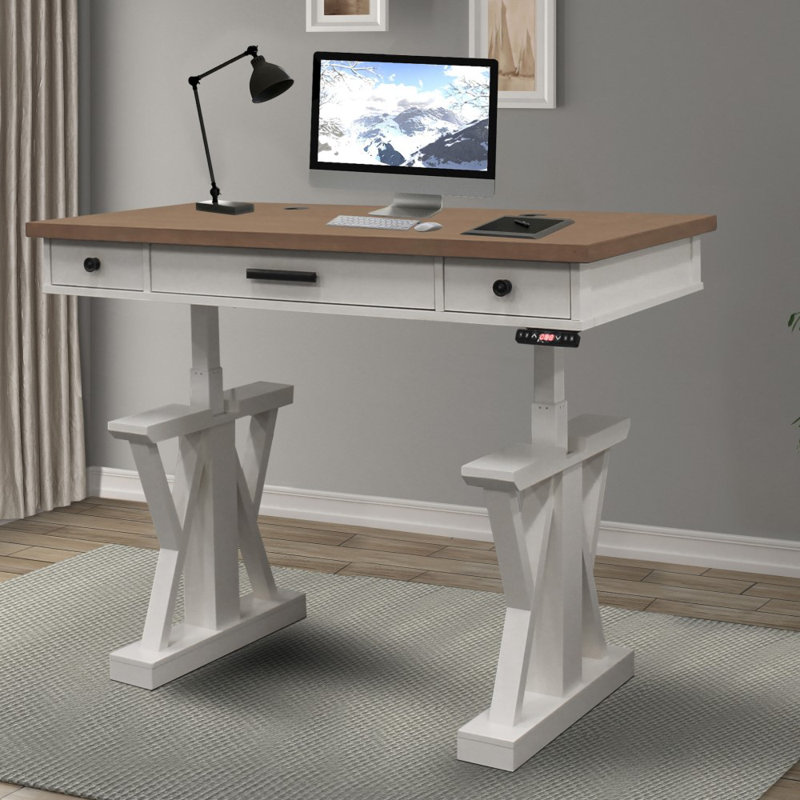 Kelsie-Mae Adjustable Solid Wood Top Writing Desk with Power Outlet, Beige