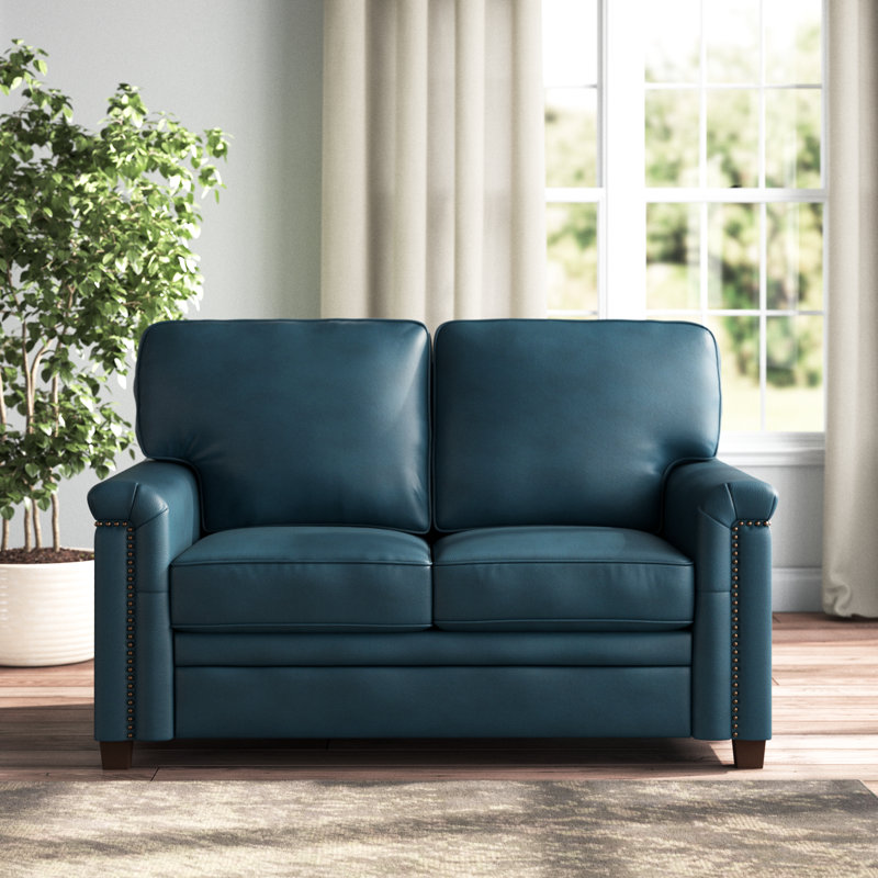 Ansela 56" Leather Loveseat Sofa with Nailhead Trim, Turquoise
