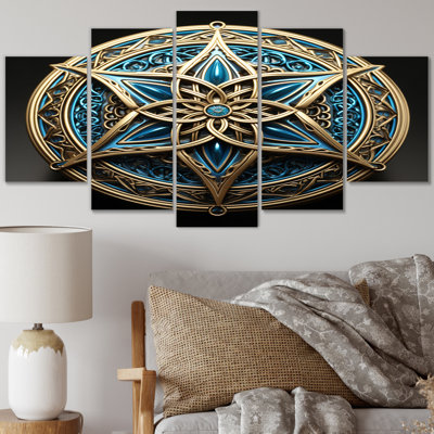 Sceau d'or et de fleurs bleu sarcelle 3D - Abstrait botanique, reproduction sur toile - 5 panneaux
