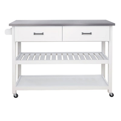 White Kitchen Cart Featuring Stainless Steel Top And Two Drawers - Space Efficient Accessory With Tabletop Simple Saving Design