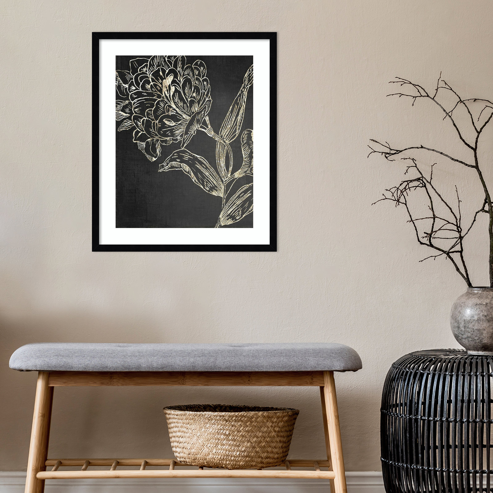 Golden Flower Folklore II by Asia Jensen, Black, 25.25" H x 21.25" W
