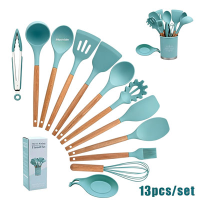 13-piece set of green wooden-handled silicone tableware