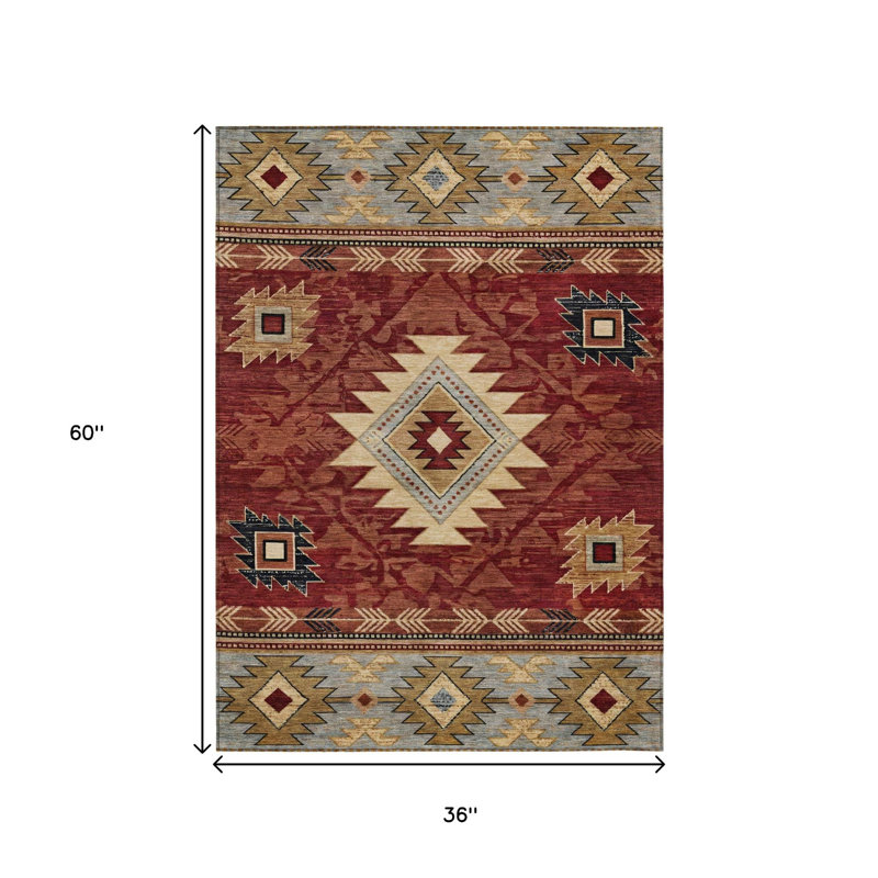 Tapis intérieur/extérieur lavable, 90 x 150 cm, beige rouille et anthracite, à motifs tribaux
