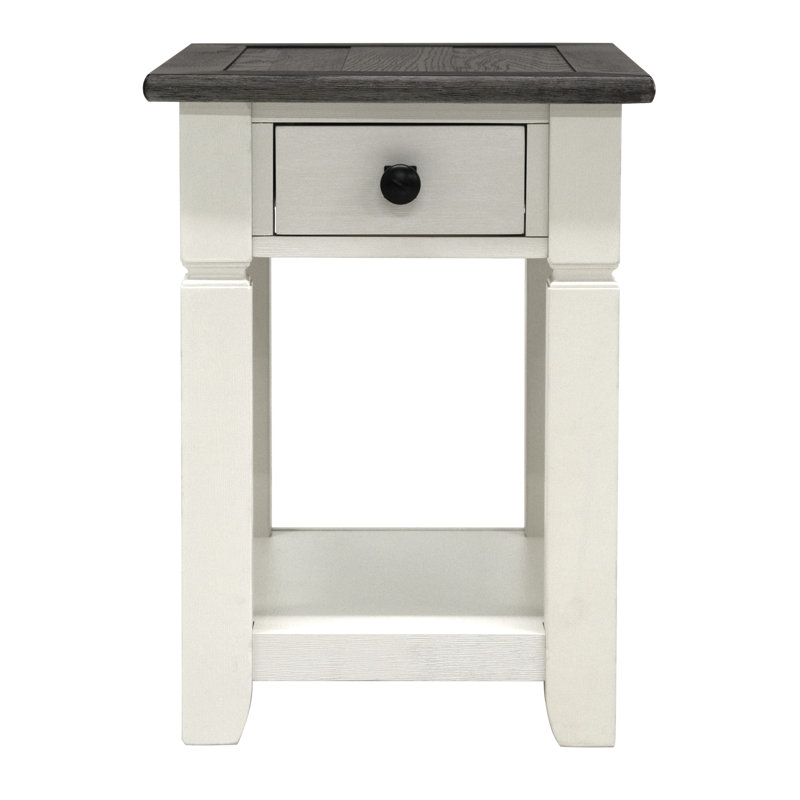 Table de bout en bois massif avec tiroir et port USB, Plateau brun / base beige