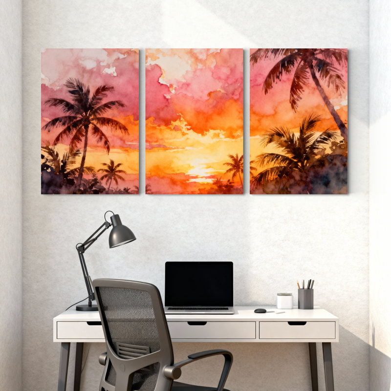 Palmiers, coucher de soleil tropical, palmiers, réflexion, aquarelle, ensemble de 3 impressions sur toile, H 18 po x l 36 po
