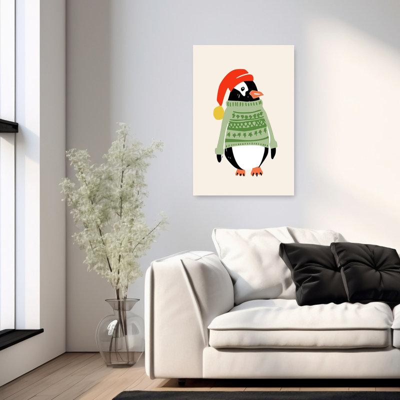 Jolly Christmas Penguin Contemporary Bird Penguin Winter Wall Art Print 1 Piece Wrapped Canvas Wall Art