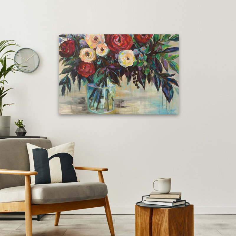 Art floral bleu et rosé, H 24 po x l 36 po