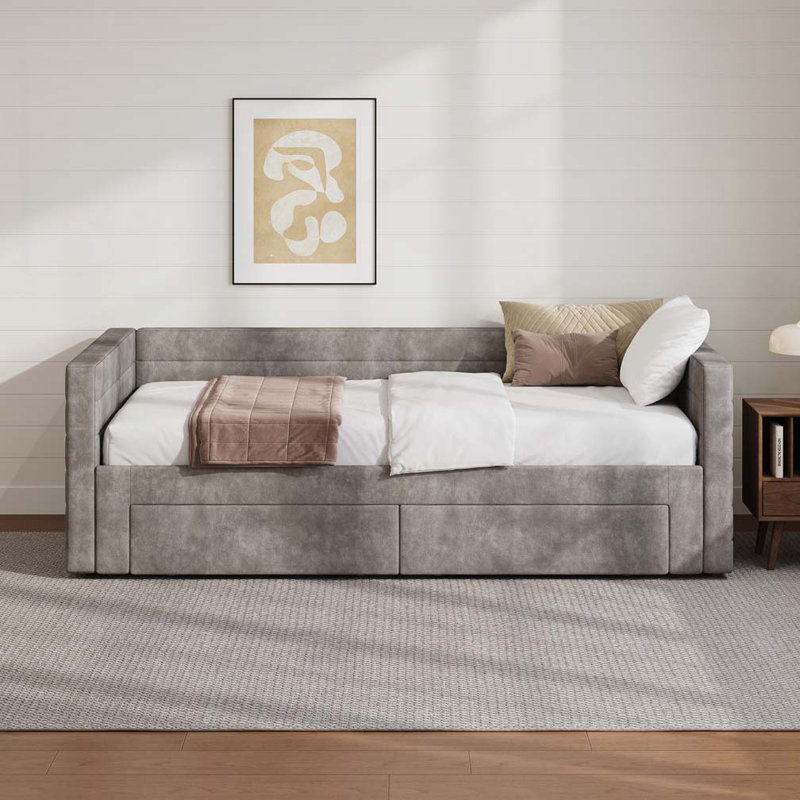 Structure de lit de jour extensible revêtue de chenille avec couchette Draw Tiroirs de rangement, Gris