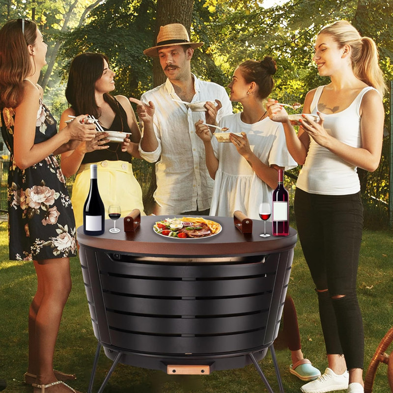 Couvercle de tabouret d'extérieur de foyer compatible avec le foyer d'extérieur de patio Tiki - couvercle de foyer d'extérieur en acier au carbone thermolaqué avec 2 poignées ergonomiques en bois - idéal pour les réunions de famille et la décorati