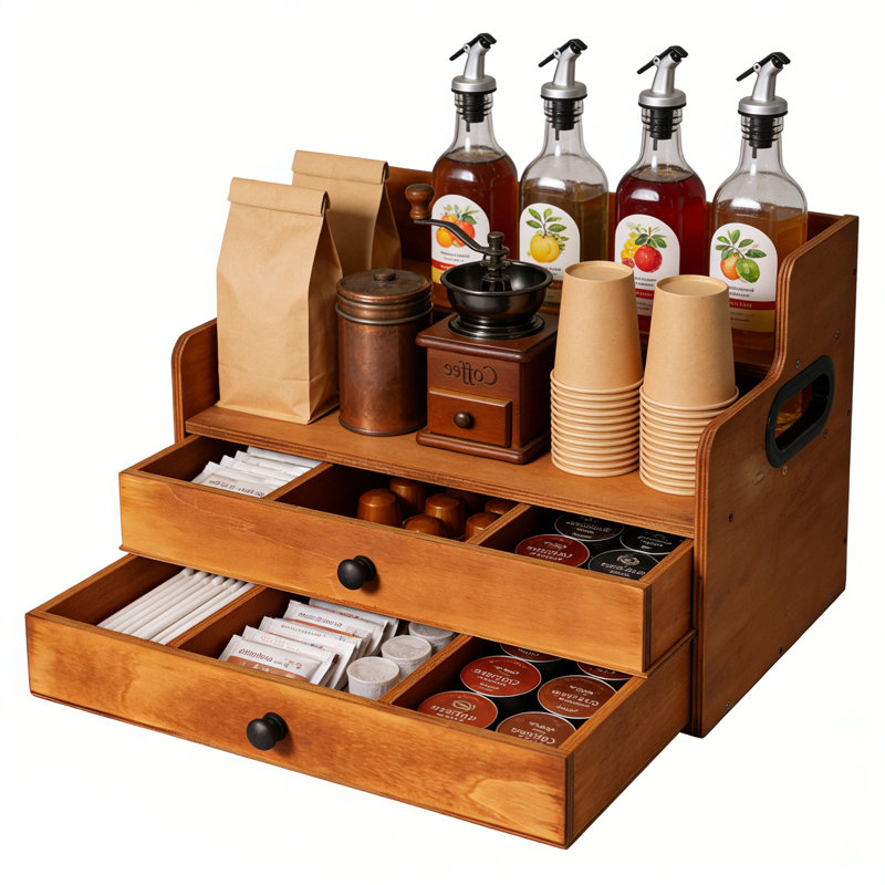 Organisateur de station de café rustique en bois avec 2 tiroirs, support de comptoir à 2 niveaux pour bar à café, sirops, K-Cups et accessoires de cuisine, l 14,4 po x P 8,8 po x H 10,7 po