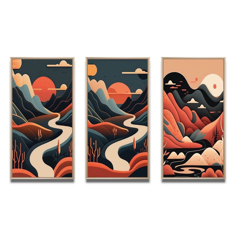 «Pine Tree In Graphic Terra Cotta Mountain Landscape», 3 pièces sur toile, Cadre naturel flottant, H 40 po x l 60 po