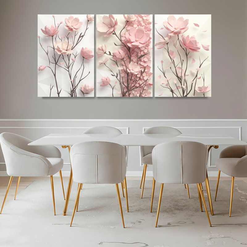 Ensemble de 3 tableaux muraux sur toile à motifs floraux de fleurs de cerisier roses, pour la décoration du salon et de la chambre.