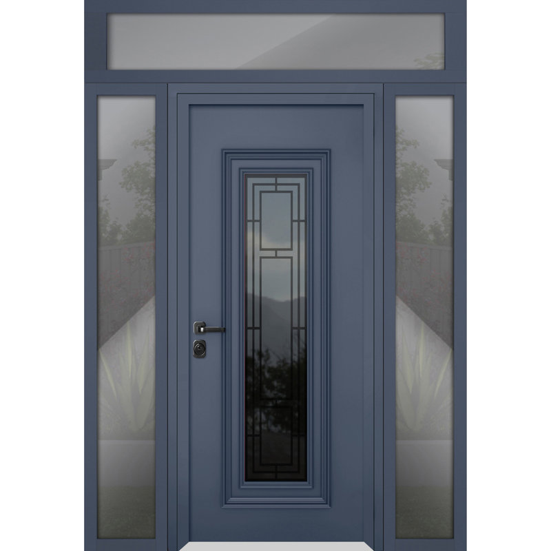 Porte d'entrée extérieure prémontée en acier Ballucio 6044 Gris Graphite, 2 fenêtres latérales et supérieures, inserts en acier inoxydable, style moderne, peinte, dimensions : L 14 + 36 + 14 x H 80 + 16, ouverture à droite vers l'intérieur