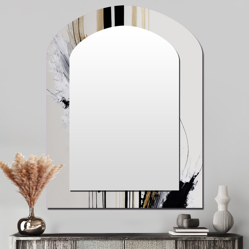 «Golden Minimalist Abstract II», miroir mural unique à arc abstrait, miroir asymétrique moderne, 43 po x 33 po