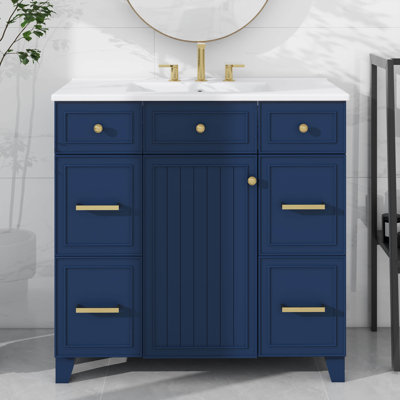Meuble-lavabo 36 po avec lavabo en céramique durable, portes à fermeture en douceur, tablettes flexibles et tiroirs spacieux