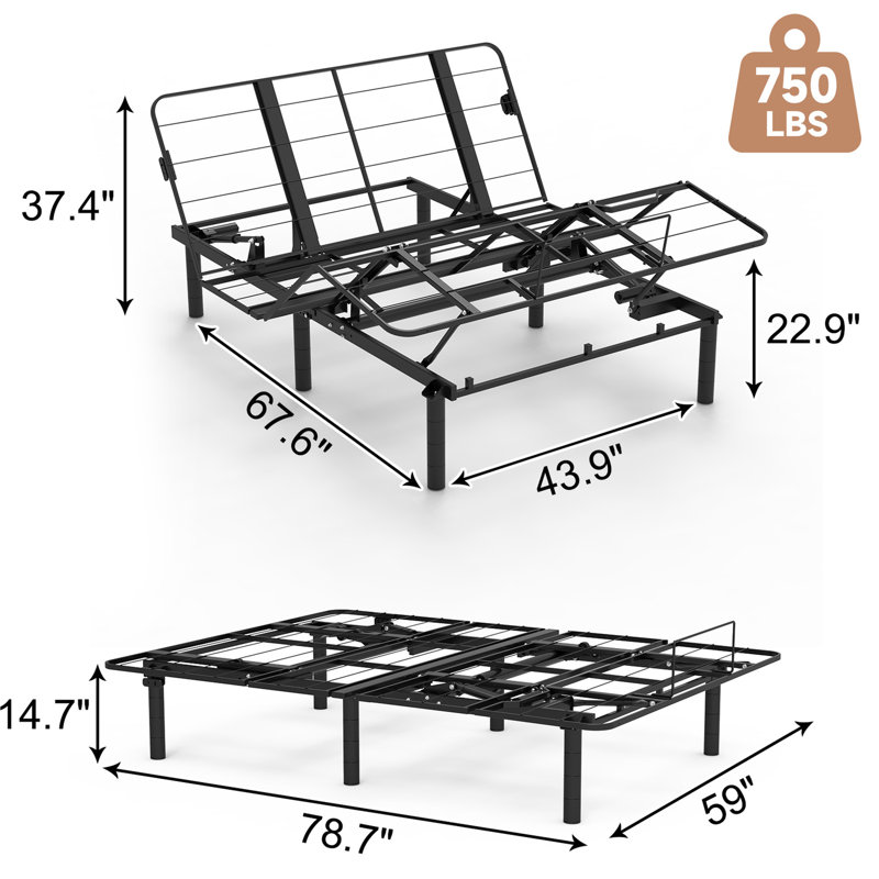 Grand lit réglable réglable, capacité zéro, capacité de 750 lb, deux ports, pliable pour faciliter le rangement, cadre classique et conception pratique
