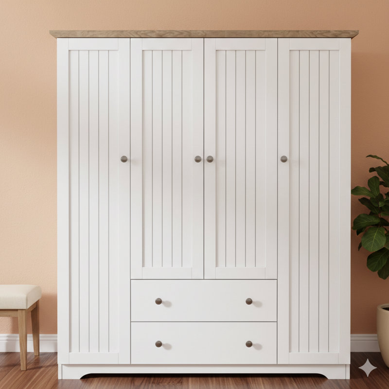Armoire de rangement à quatre panneaux avec 2 compartiments de rangement, finition blanche, Blanc