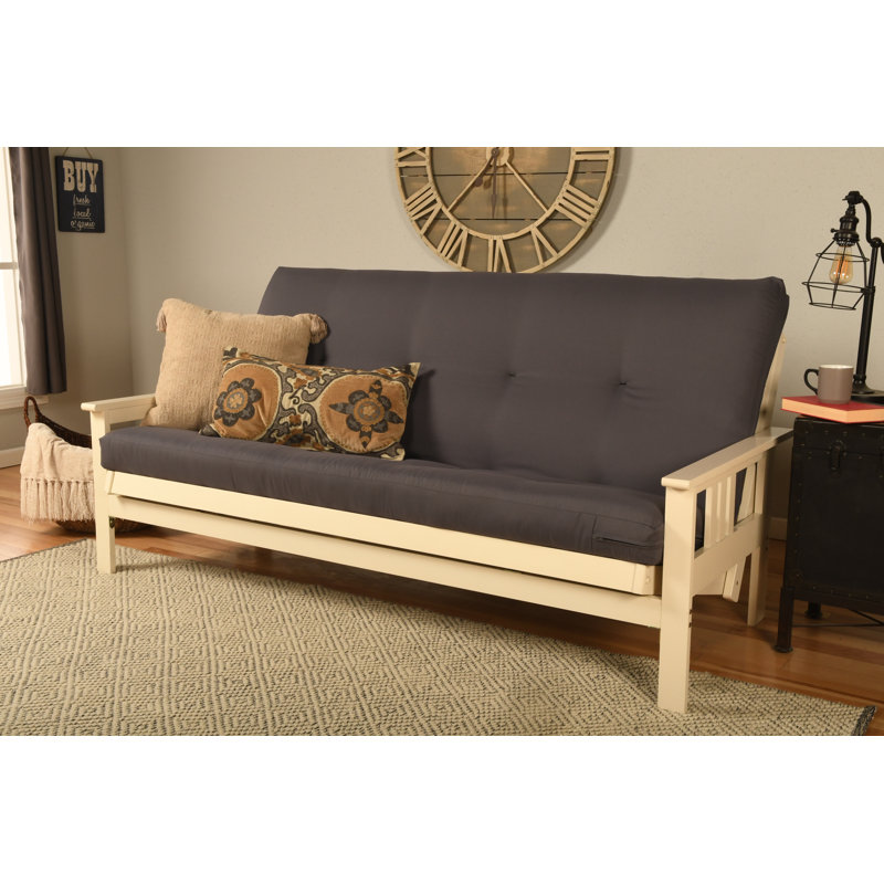 Stratford Full 79" Futon Frame and Mattress with Drawer Set, Cocoa Linen, Antique White