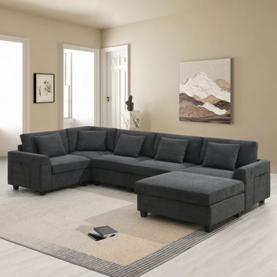 128*67" U Shaped Sectional Sofa,6 Seat Chenille Couch Set With Ottoman,Hidden Armrest Storage And Cup Holders,USB Charging Ports,Wide Seat Sofa,Apartment