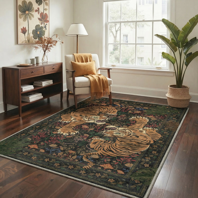 Teiarra Tigris Animal Print Machine Washable Clashing Tigers / Obsidian Moss Indoor Area Rug With Non-Slip Backing