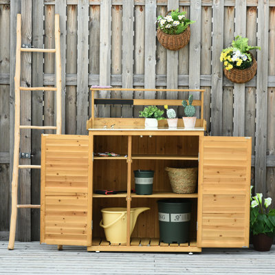 Abri de jardin en bois, 3 tablettes, 2 portes à fermeture magnétique, crochets, sapin massif, jaune, unité de table de rempotage en bois de sapin L 35,24 po x l 18,07 po H 48,59 po