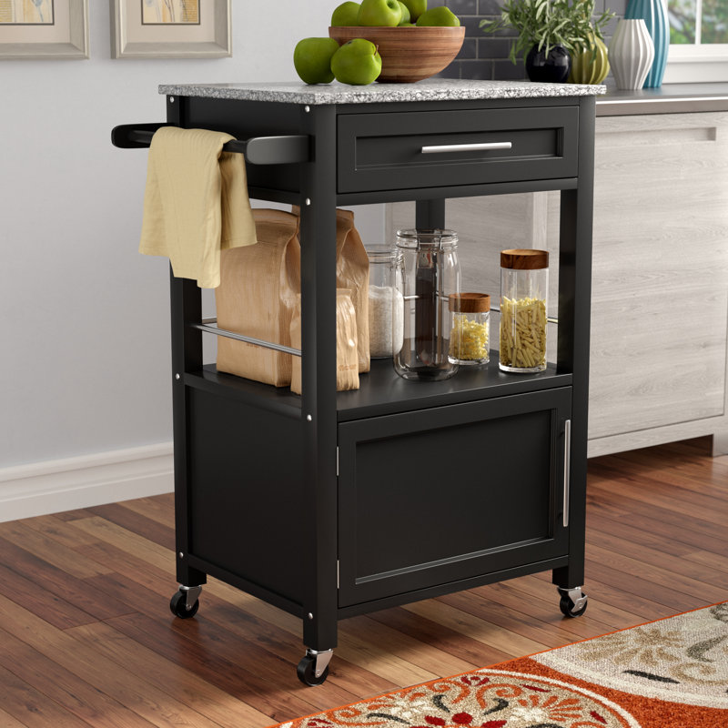 Sariol Granite Top Wood Kitchen Cart with Storage, Black