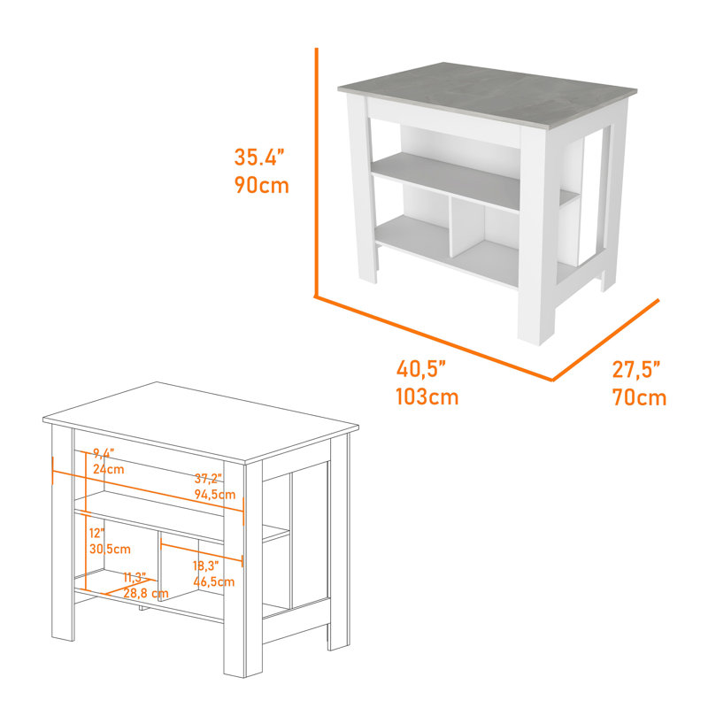 Îlot de cuisine, trois tablettes, blanc, Gris / blanc