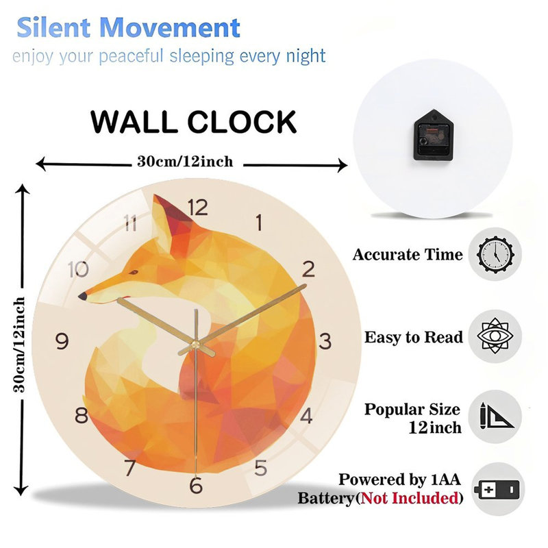 Horloge murale orange en forme de renard - horloge murale 12 po