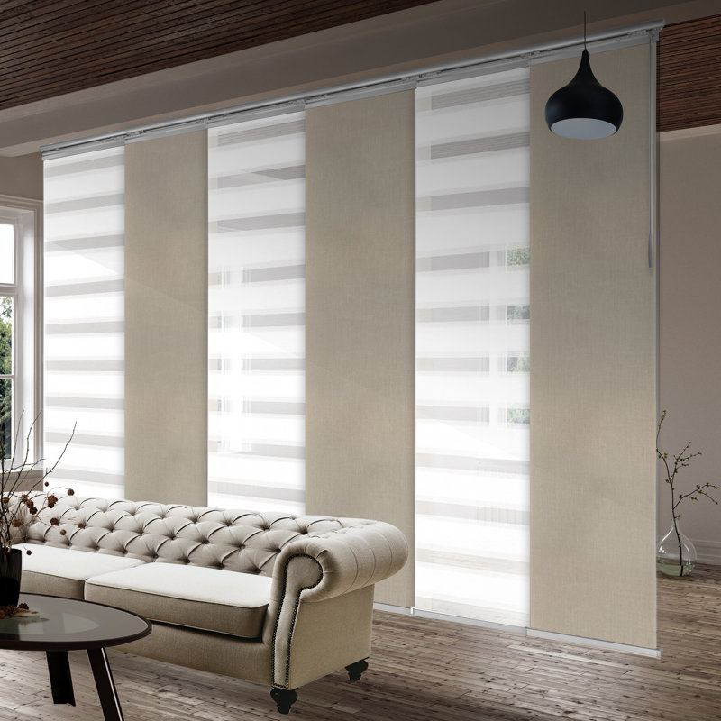 Semi-Sheer Macadamia, Cornsilk Single Rail Extendable Panel Track 94"H, Panel width 23.5", 130"W x 94"L