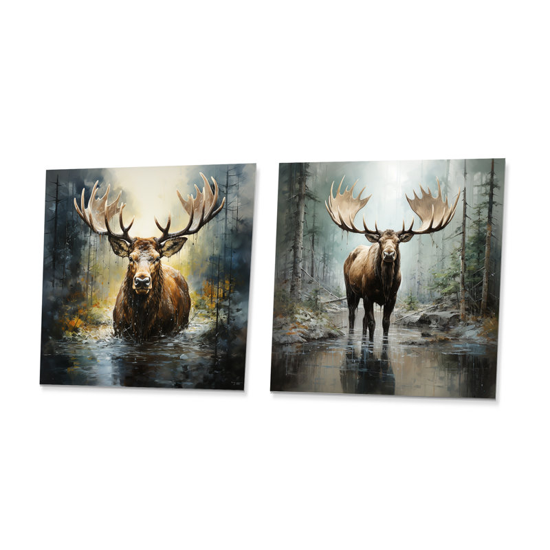 Mystic Moose In Forest I - Moose, reproduction d'art en métal, ensemble de 2 carrés, H 16 po x l 32 po