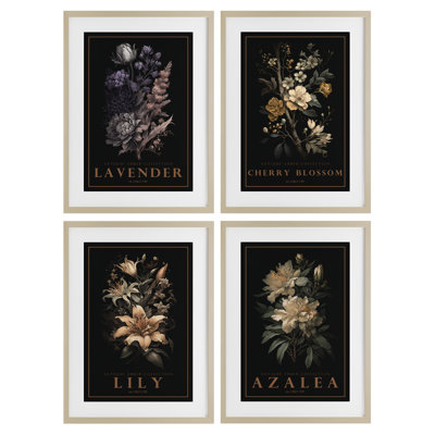 Ensemble de 4 reproductions sous-verres antiques de fleurs botaniques variées, design par Chris Giampietro