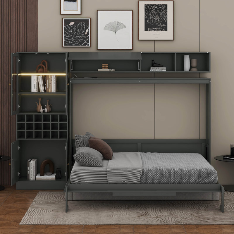 Lit escamotable mural Murphy avec canapé, tablettes, USB et lumière, Gris, Grand lit