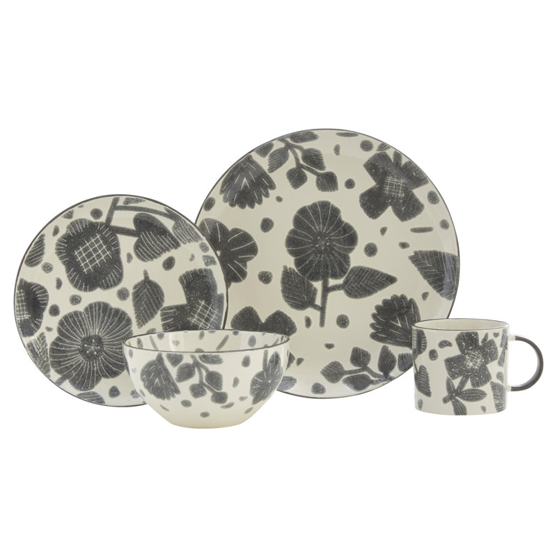 Gray and White Floral Ceramic Dinnerware Set, Service for 4