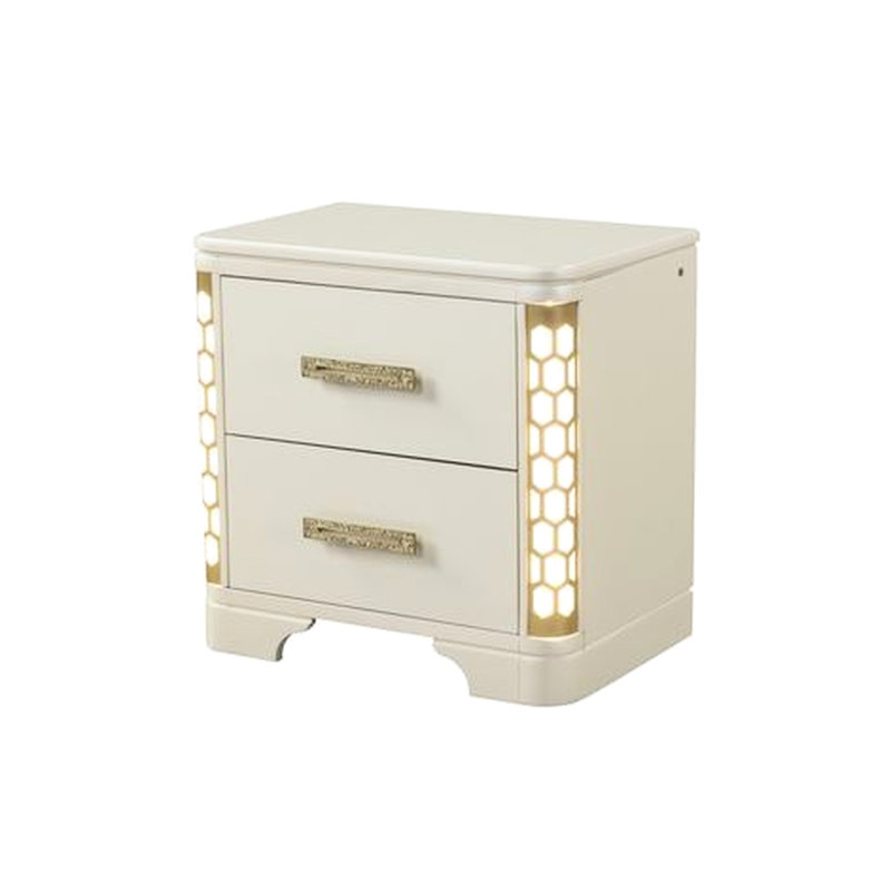 Table de chevet moderne beige avec 2 tiroirs, poignées à DEL latérales et poignées dorées