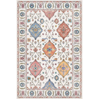 Indoor&Outdoor Washable Area Rug Beige Gorgeous flowers Vintage Low Pile Rug for Living Room Bedroom Wedding Banquet