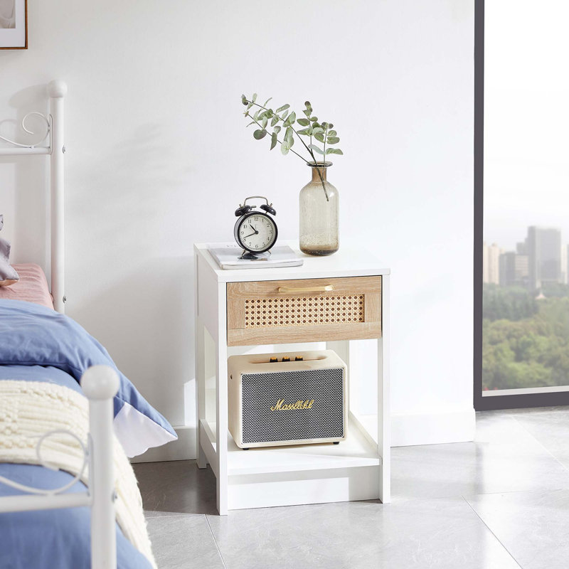 Table de bout 15,75 "en rotin avec tiroir, table de chevet moderne, Blanc