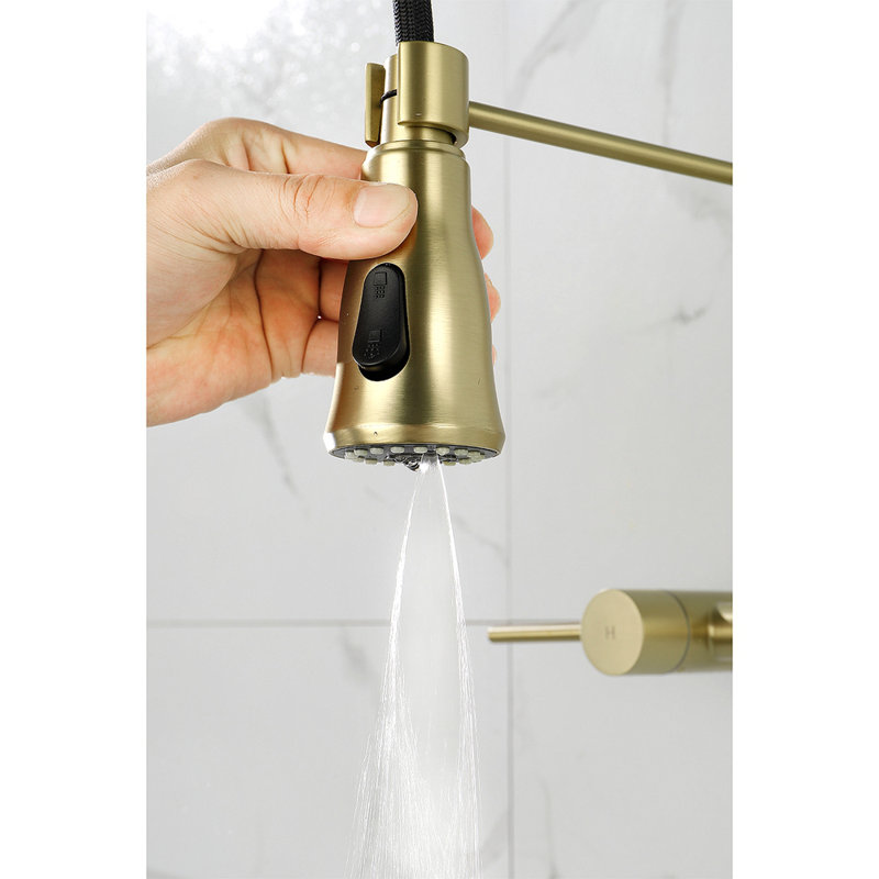 3 Functions Wall Mounted Bridge Kitchen Faucet, 1.75GPM, Brushed Gold