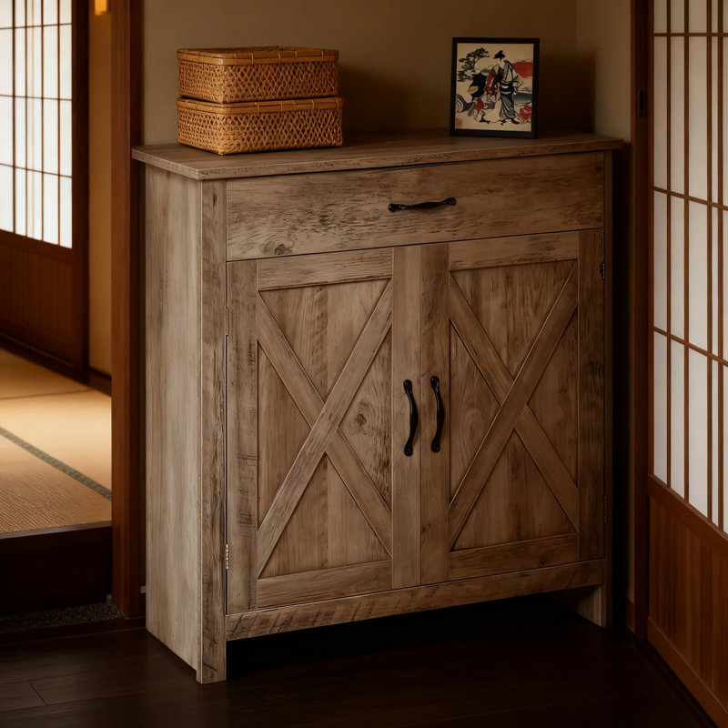Buffet Farmhouse avec portes de grange, tiroir de rangement et tablettes réglables pour le salon, la salle à manger et le vestibule