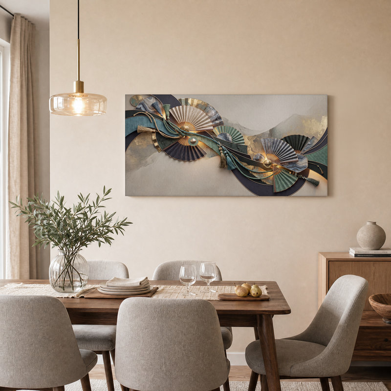 Tableau sur toile représentant des éventails pliants en marbre turquoise et or avec pompons, L 40 po x H 20 po