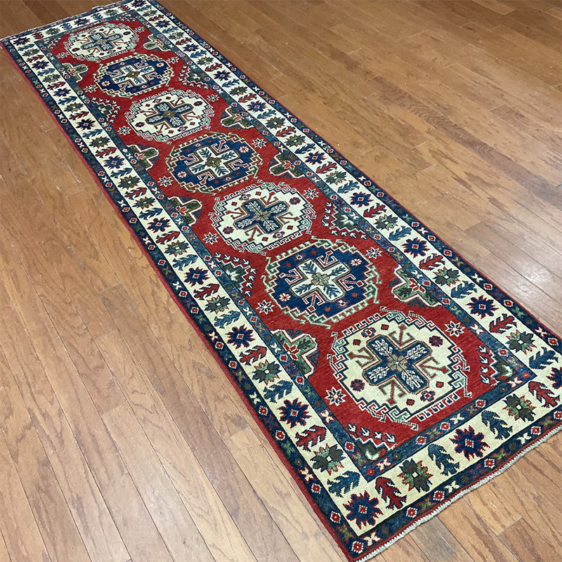 Tapis de couloir rouge / beige en laine noué à la main de conception unique 2 pi 9 po x 9 pi 10 po Jevon