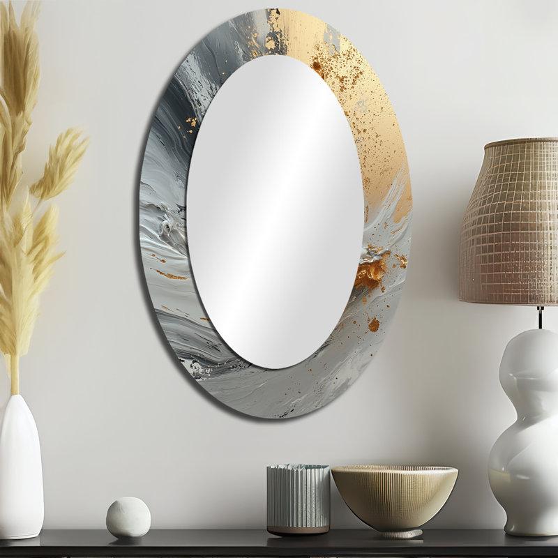 Abstract Marble In Grey And Gold Tones VI - Large Oval Wall Mirror On Metal, 36" x 24"