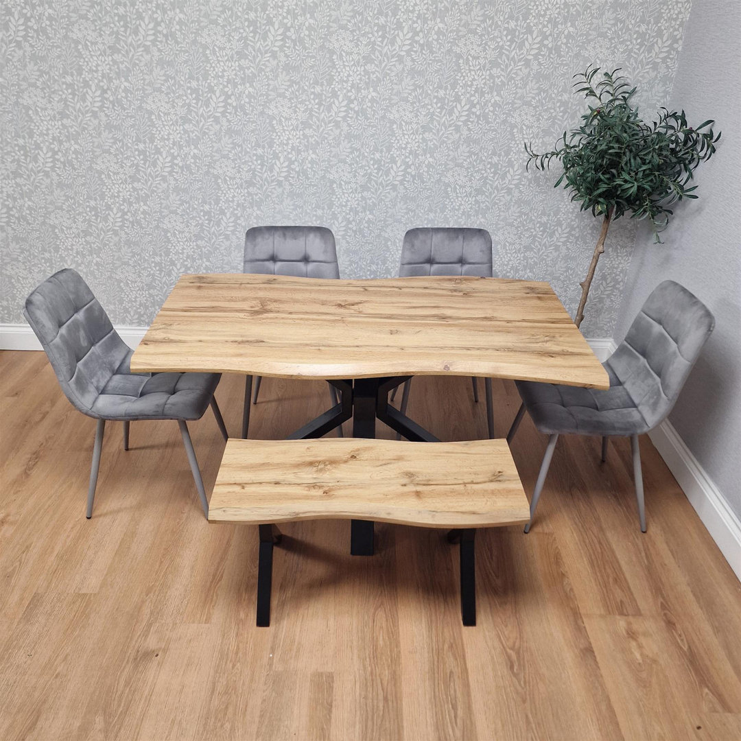 Wooden Brown Dining Table with Bench and 4 Velvet Chairs  Dining Room Furniture